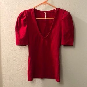 Free People deep v-neck knit top w/ poofy sleeve
